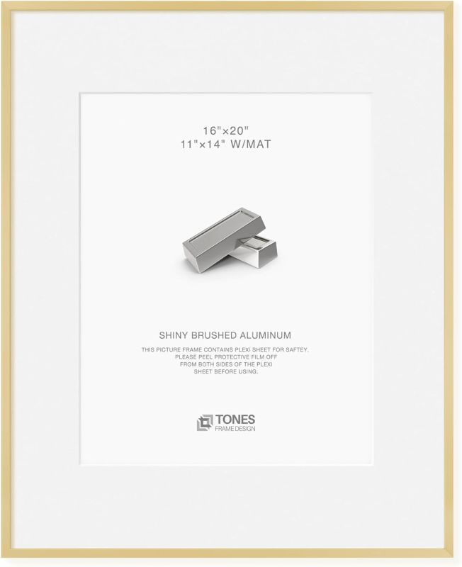 Photo 1 of 16x20 Frames Shiny Brushed Aluminum, 16 x 20 Picture Frame Gold Metal Photo Frame Mat to 11x14 Poster Frames for Art Gallery Wall Tabletop Decor
