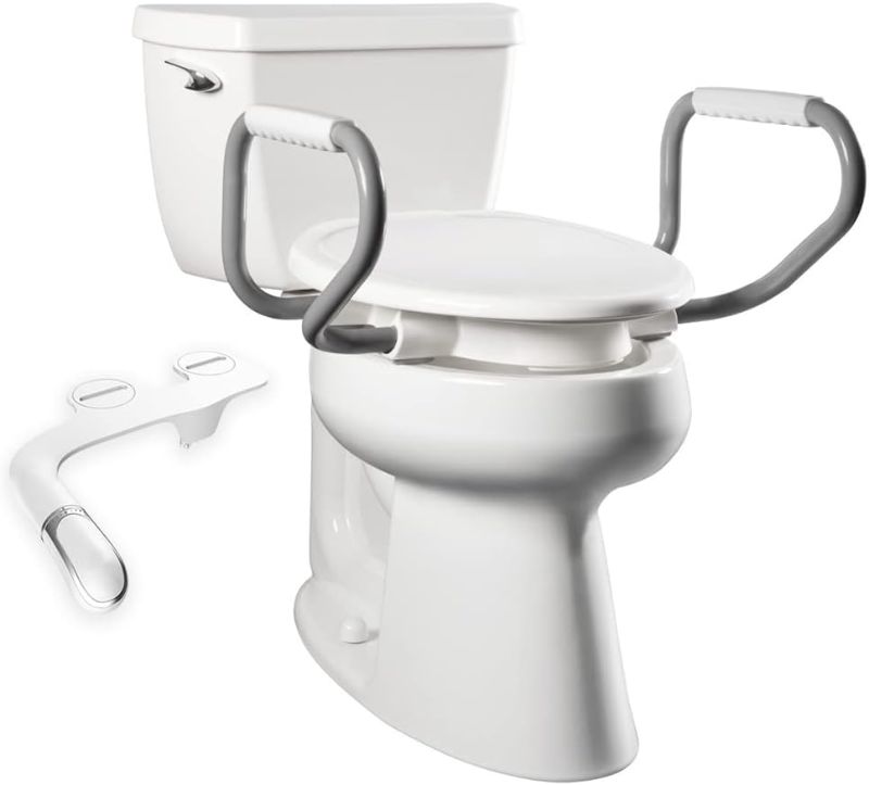 Photo 1 of Bemis Assurance 3" Raised Toilet Seat with Handles and Bidet Attachment, Secure Hinges, Clean Shield Guard, Elongated, White