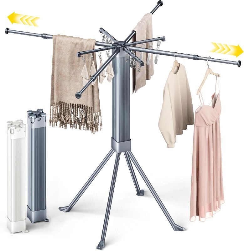 Photo 1 of Clothes Drying Rack Foldable Extending Laundry Rack with 16 Clips Collapsible Clothing Rack Space-Saving Clothing Racks for Hanging Clothes, Indoor, Camping, Balcony, Outdoor