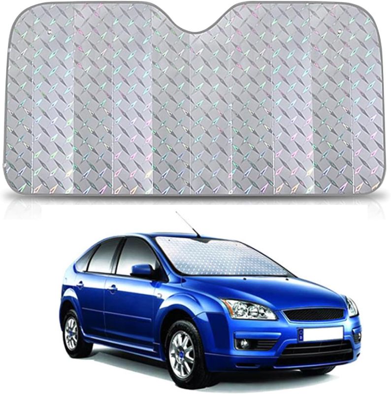 Photo 1 of 1 PC Car 55.1" x 29.5" Windshield Sunshade, Foldable Five-Layer Thickened Heat-Insulated Sunshield, Full Coverage Opaque Interior Aging Protector with Suction Cups, Universal for Cars (Silver)