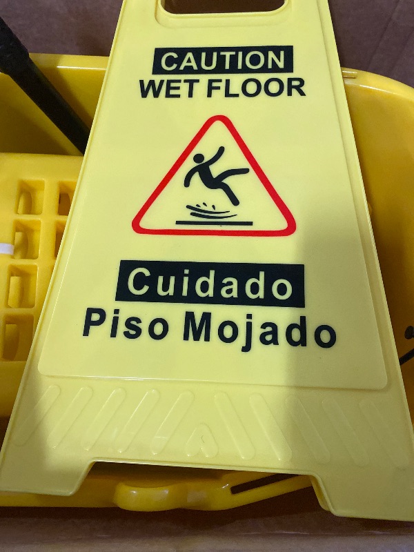 Photo 1 of 38 Qt Commercial Mop Bucket with Side Press Wringer on Wheels and Mops Set for Floor Cleaning,Including 1 Industrial Mop and Wet Floor Caution Sign,Yellow,Beyoco