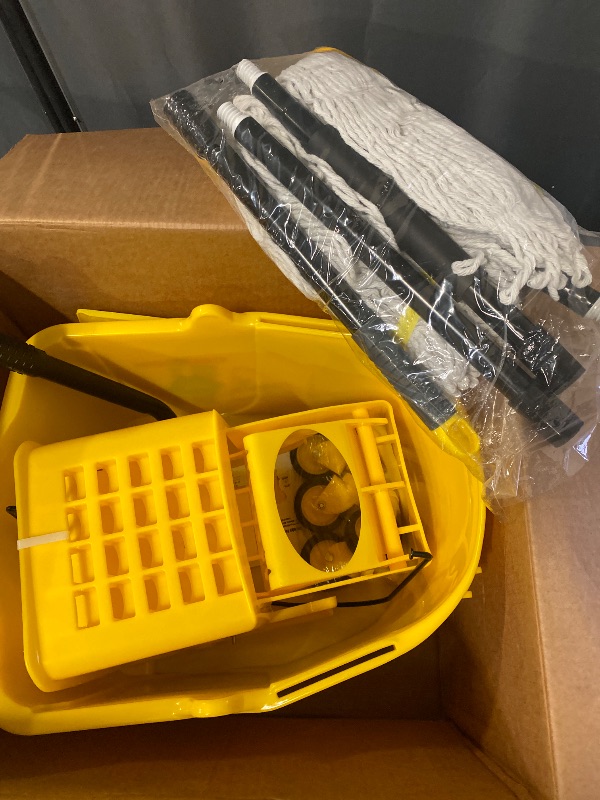 Photo 1 of 38 Qt Commercial Mop Bucket with Side Press Wringer on Wheels and Mops Set for Floor Cleaning,Including 1 Industrial Mop and Wet Floor Caution Sign,Yellow,Beyoco