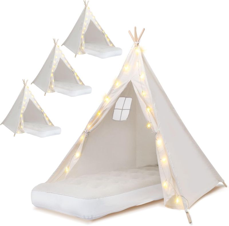 Photo 1 of 4 Pack Teepee Tent for Kids [Thickened] with Light String and Inflatable Airbed, Slumber Party Tents, Sleepover Tents Party for Girls Boys Indoor Outdoor (White)