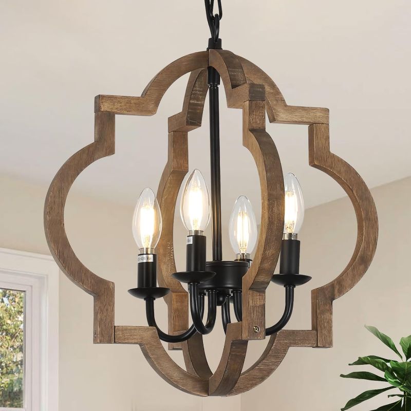 Photo 1 of Farmhouse Chandelier Light Fixtures, 4-Light Dining Room Light Fixtures Over Table, Solid Wood Chandeliers for Dining Room, 15.7“ Brown Rustic Chandeliers for Living Room Kitchen Island Bedroom Foyer