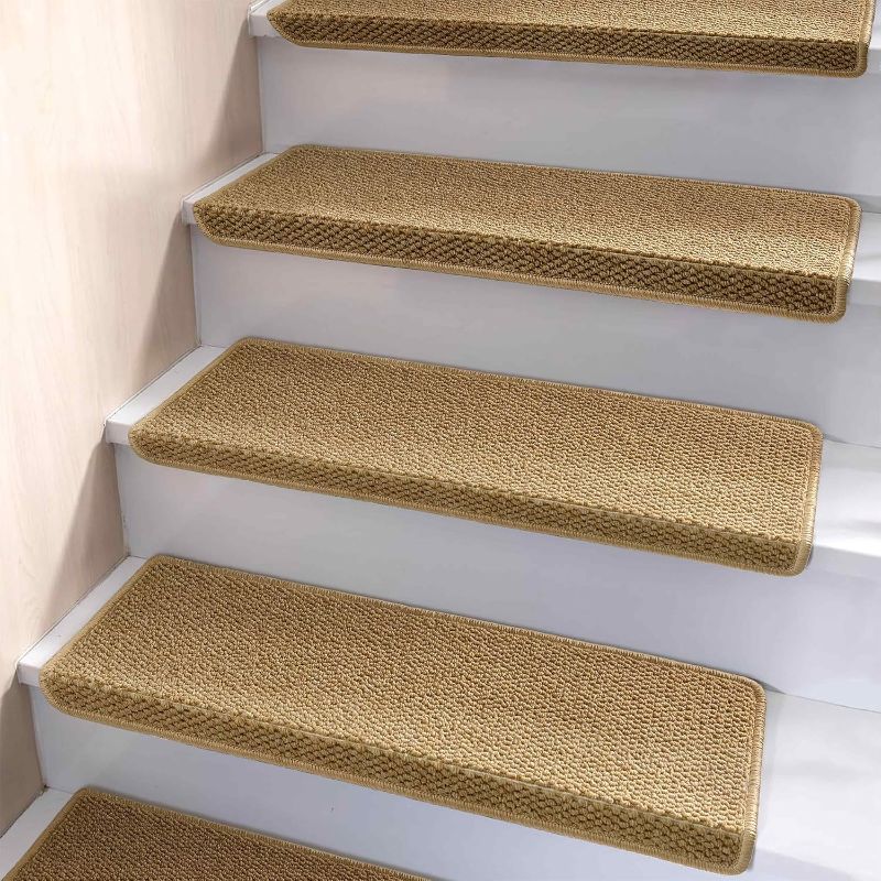 Photo 1 of Bullnose Carpet Stair Treads, Non Slip Stair Treads for Wooden Steps Indoor, Stair Runner, Soft Stair Rugs, Edging Stair Protectors, Washable, 29.5"x9.5"x1.5" 14pcs, Beige