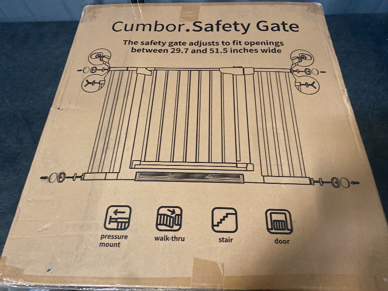 Photo 1 of Cumbor 29.7"–51.5" Extra Wide Baby Gate for Stairs, Pressure-Mounted Dog Gates for Doorways & Hallways, Auto-Close Walk-Through, No-Trip Design, Child Proof Safety, Dog/Pet Gate for Indoor Use, Brown