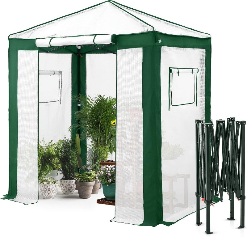 Photo 1 of  6x4 Portable Walk in Greenhouse with Polyester Reinforced Corners, Instant Pop up Indoor Outdoor Gardening Green House, Roll Up Zipper Entry Door and Mesh Windows, Green/White
