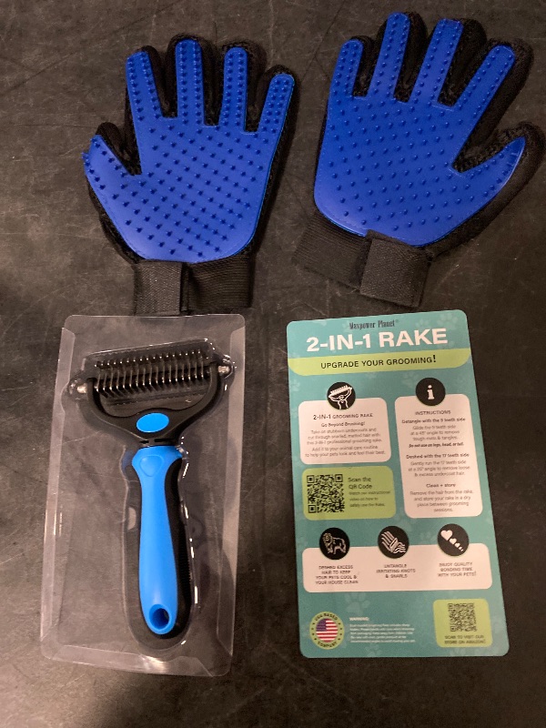 Photo 1 of Maxpower Planet Pet Grooming Brush and 2X Grooming Gloves Combo - Double Sided Dematting, Deshedding Undercoat Rake for Dogs and Cats - Reduce Shedding Easily - Blue
