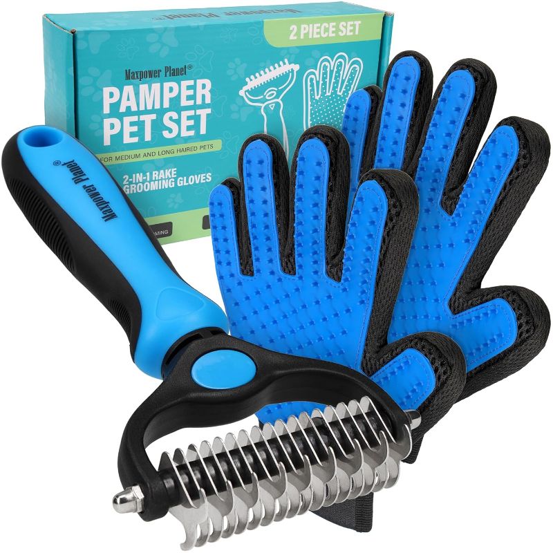 Photo 1 of Maxpower Planet Pet Grooming Brush and 2X Grooming Gloves Combo - Double Sided Dematting, Deshedding Undercoat Rake for Dogs and Cats - Reduce Shedding Easily - Blue