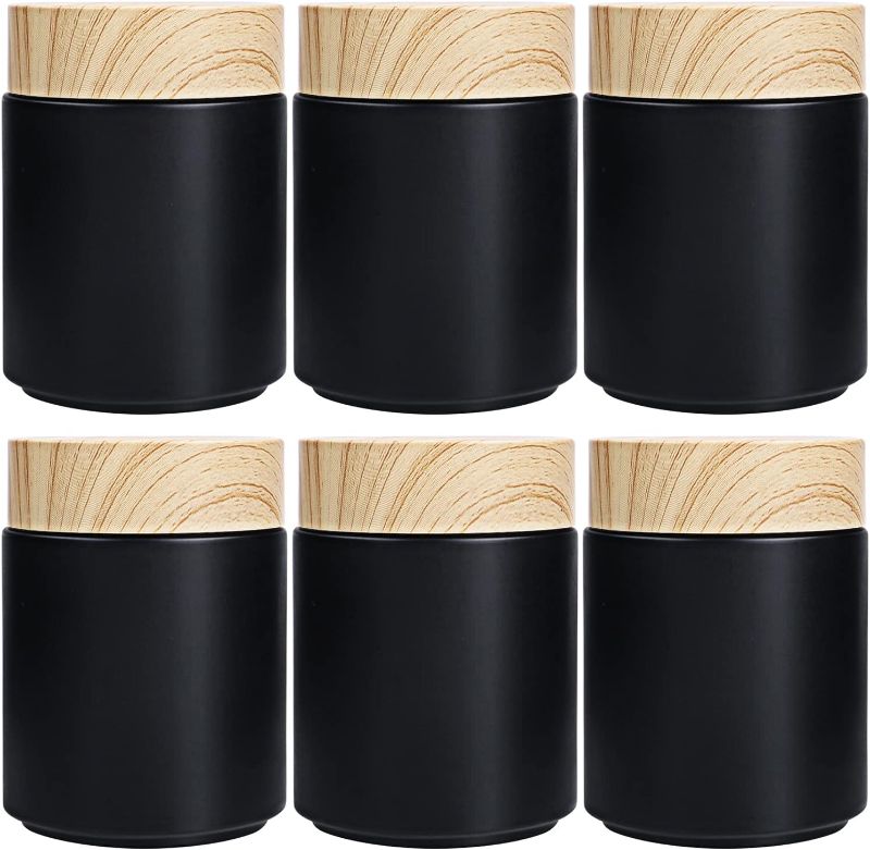 Photo 1 of 6 Pack 8 oz Black Round Glass Jars,Empty Glass Cosmetic Containers with Plastic Wood Grain Lid,Inner Liners for Lotion,Powders,Ointments,Storage Creams,Candle Making