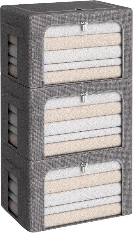 Photo 1 of 3Pack Foldable Storage Bins - Frame Storage Box Linen Fabric Stackable Clothes Container Organizer with Clear Window & Carry Handles Large Capacity (Medium-36L, Dark Gray)