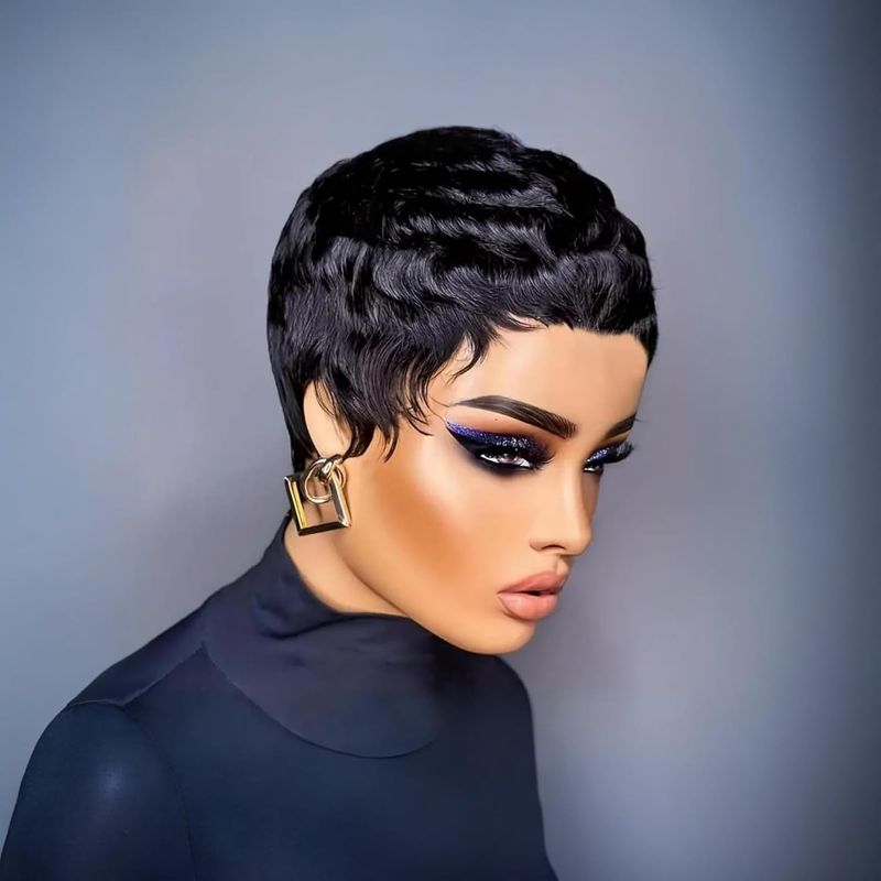 Photo 1 of Pixie Cut Wig Human Hair for Black Women Glueless Short Layered Pixie Cut Wigs With Bangs Summer Hairstyle Natural 1b Color (1b color)