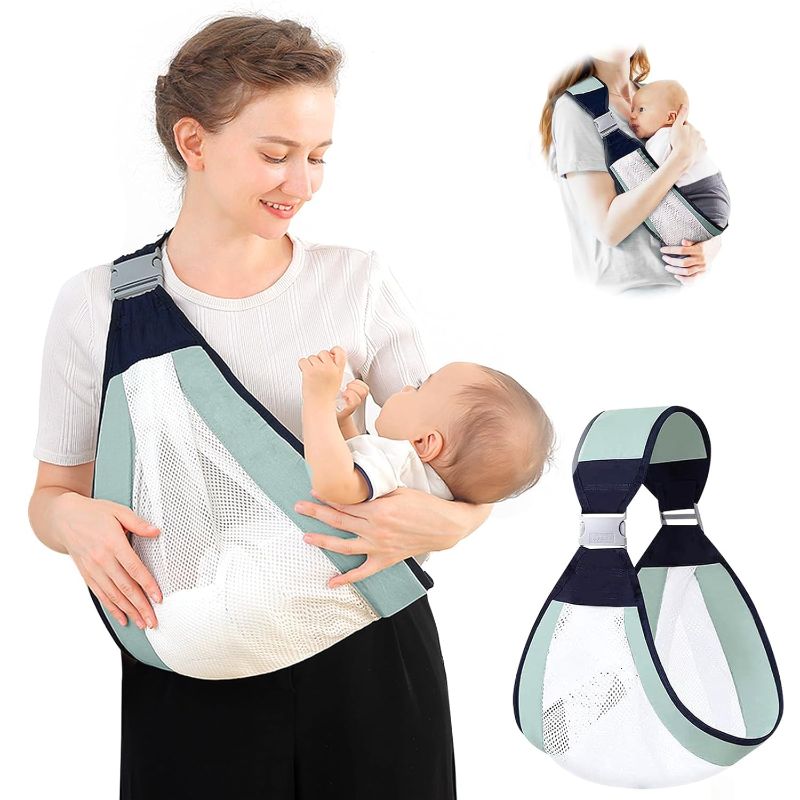 Photo 1 of Baby Sling Carrier, Adjustable Half Wrapped Sling Hip Carrier - Lightweight Breathable Mesh Fabric for Newborn to Toddler Up to 45 lbs (Green)