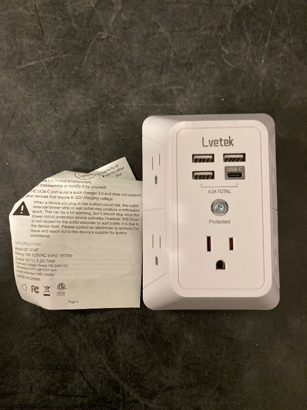 Photo 1 of 5 Outlet Extender Multi Plug Wall Outlets with 4 USB Charging Ports (1 USB C Outlet), 3 Sided 1680J Surge Protector Power Strip USB Wall Charger for Home, Office, Travel, ETL Listed, White