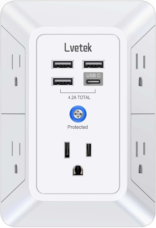 Photo 1 of 5 Outlet Extender Multi Plug Wall Outlets with 4 USB Charging Ports (1 USB C Outlet), 3 Sided 1680J Surge Protector Power Strip USB Wall Charger for Home, Office, Travel, ETL Listed, White
