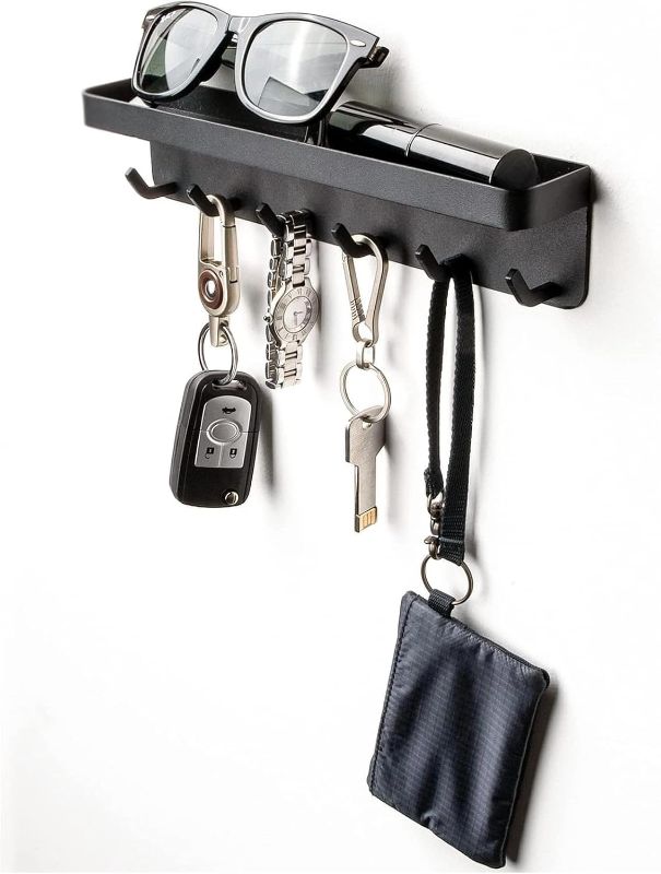 Photo 1 of Key Holder for Wall Mount and Adhesive 6 Key Hooks with Shelf Metal Mail Organizer with Key Hooks Decorative Key Rack with Tray Sunglasses Holder Wall for Door Entryway Hallway and Office Small Black
