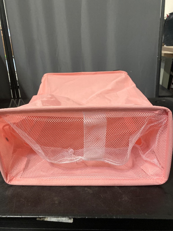 Photo 1 of Caroeas Slim Laundry Baskets on Wheels , Foldable Corner Storage Bins, Rolling Laundry Hamper with Leather Handle(Pink)
