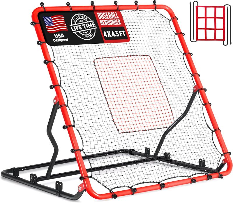Photo 1 of Baseball Rebounder Net, 3/5 Adjustable Angles 4x4.5FT Pitch Back Baseball Softball Volleyball Rebounder with 2 Strike Zones, UV Resistant, Pitchback Trainer for Ground, Line Drive & Fly Balls