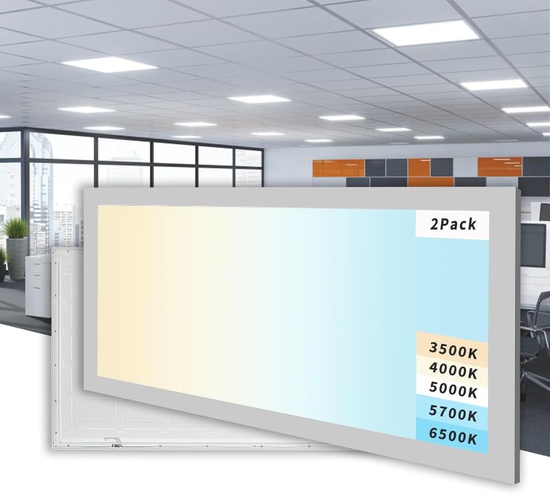 Photo 1 of 2 Pack 2x4 LED Flat Panel Light, 5 CCT 5 Power Modes Adjustable LED Ceiling Lights, 50W/6250LM Recessed Drop Ceiling Lights Fixtures, 0-10V Dimmable Troffer Back-lit Light ETL,FCC
