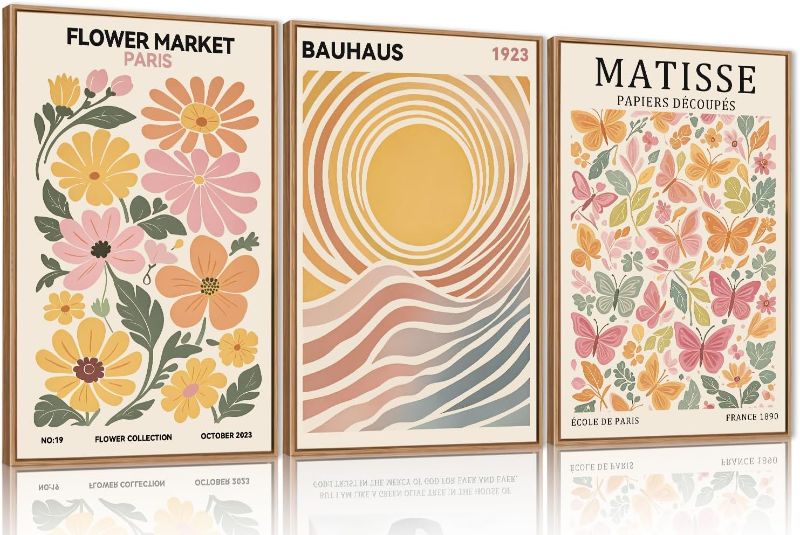 Photo 1 of Ausril Boho Flower Market Framed Canvas Wall Art Set, Matisse Floral Wall Decor, Abstract Botanical Wall Painting, Nature Floral Illustration Art Prints for Living Room, Bedroom, Office 24"X36"X3