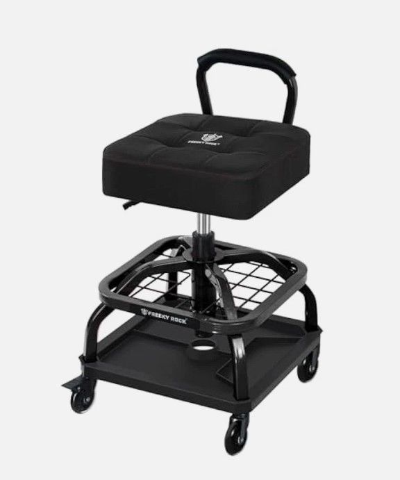 Photo 1 of Rolling Shop Stool with Wheels, Garage Mechanic Shop Chair with Handle Backrest, Adjustable Height Work Stool, Roller Seat with Tool Tray Storage, Heavy Duty, 330 LBS Capacity, Black