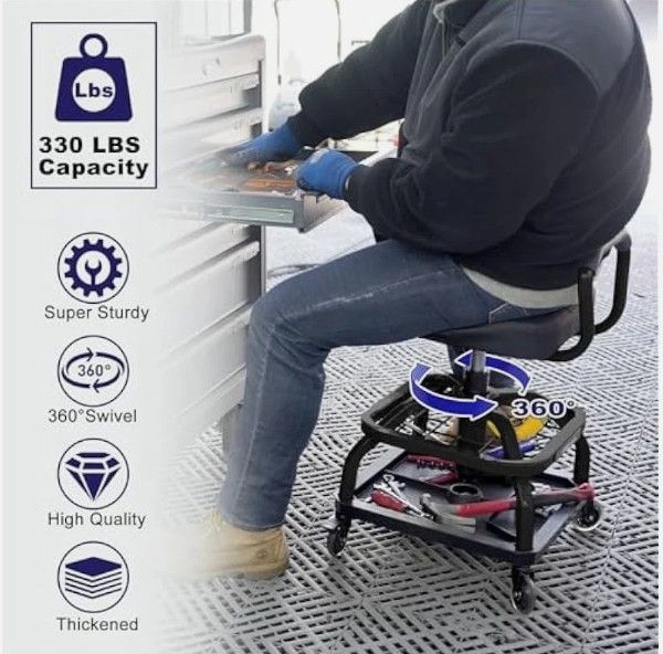 Photo 1 of Rolling Shop Stool with Wheels, Garage Mechanic Shop Chair with Handle Backrest, Adjustable Height Work Stool, Roller Seat with Tool Tray Storage, Heavy Duty, 330 LBS Capacity, Black