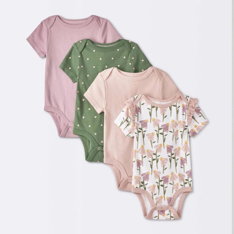 Photo 1 of 6-9M Baby 4pk Floral Short Sleeve Cotton Bodysuit - Cloud Island™ Pink 6-9M: Hearts Pattern, Lap Shoulder, Crotch Snap Closure