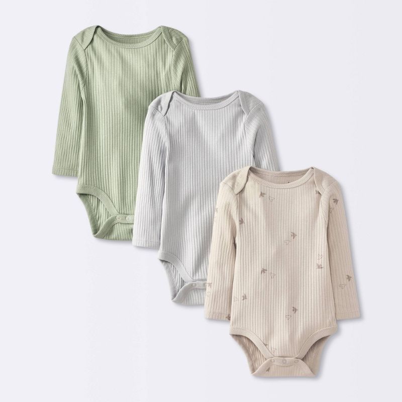 Photo 1 of 0-3M Baby 3pk Solid Long Sleeve Wide Ribbed Bodysuit - Cloud Island™ 0-3M: Cotton, Midweight, Snap Closure