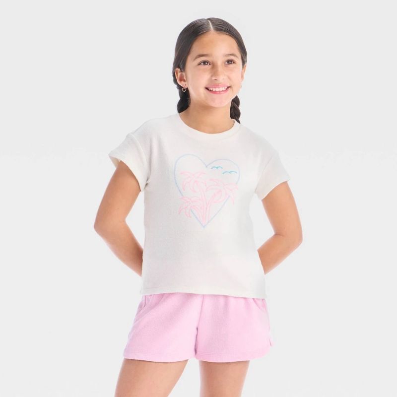 Photo 1 of (L) Girls' Short Sleeve 'Palm Tree' Terry Top - Cat & Jack™ Cream L: Cotton Blend, Botanical Hearts Pattern, Crew Neck Pullover
