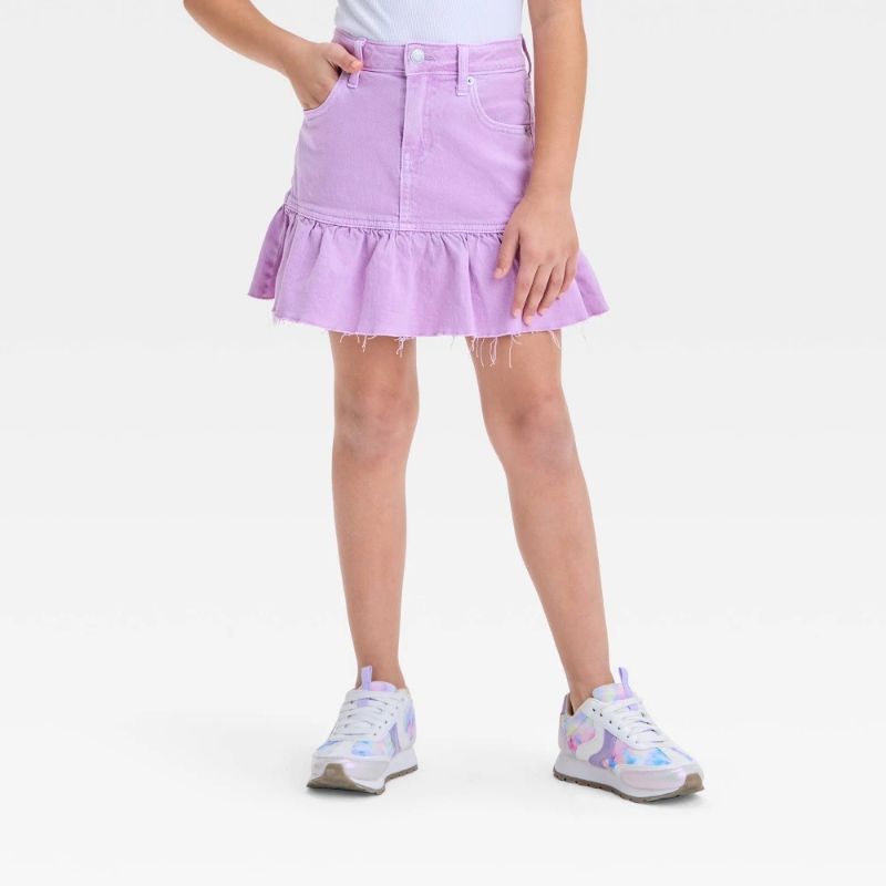 Photo 1 of (L) Girls' Ruffle Denim Skirt - Cat & Jack™ Purple L: Cotton Spandex, Adjustable Waist, Pockets