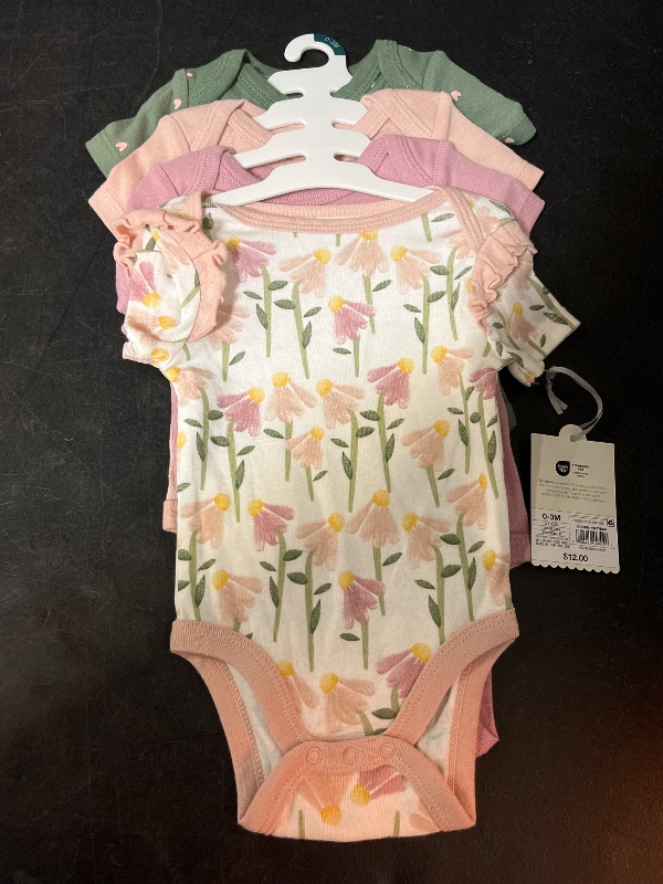 Photo 1 of 0-3M Baby 4pk Floral Short Sleeve Cotton Bodysuit - Cloud Island™ Pink 0-3M: Hearts Pattern, Lap Shoulder, Crotch Snap Closure