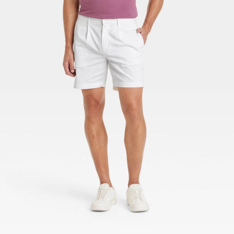 Photo 1 of Men's 7" Pleated Trouser Shorts - Goodfellow & Co™ White 32: Midweight Poplin, Stretch, Back Pocket

