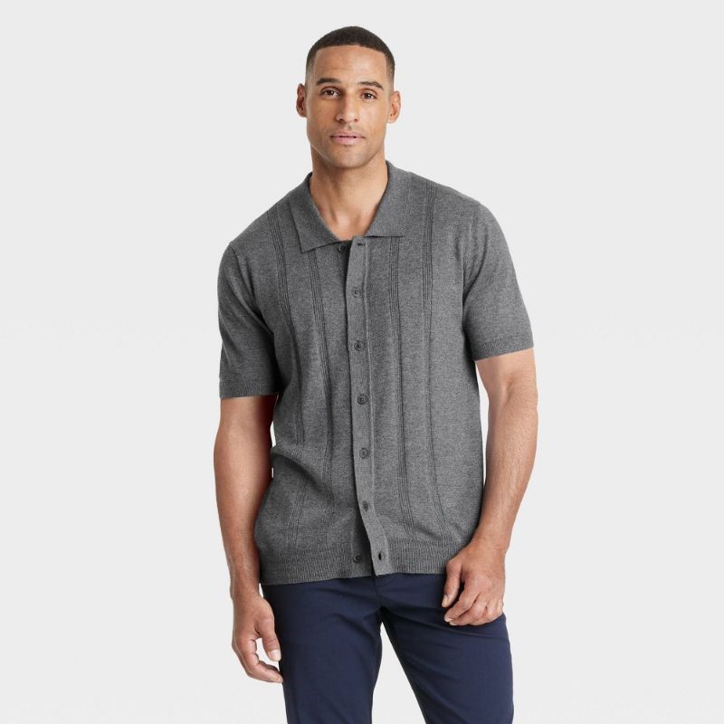 Photo 1 of (L) Men's Short Sleeve Cardigan - Goodfellow & Co™ Charcoal Gray L: Lightweight Jersey, Polo Collar