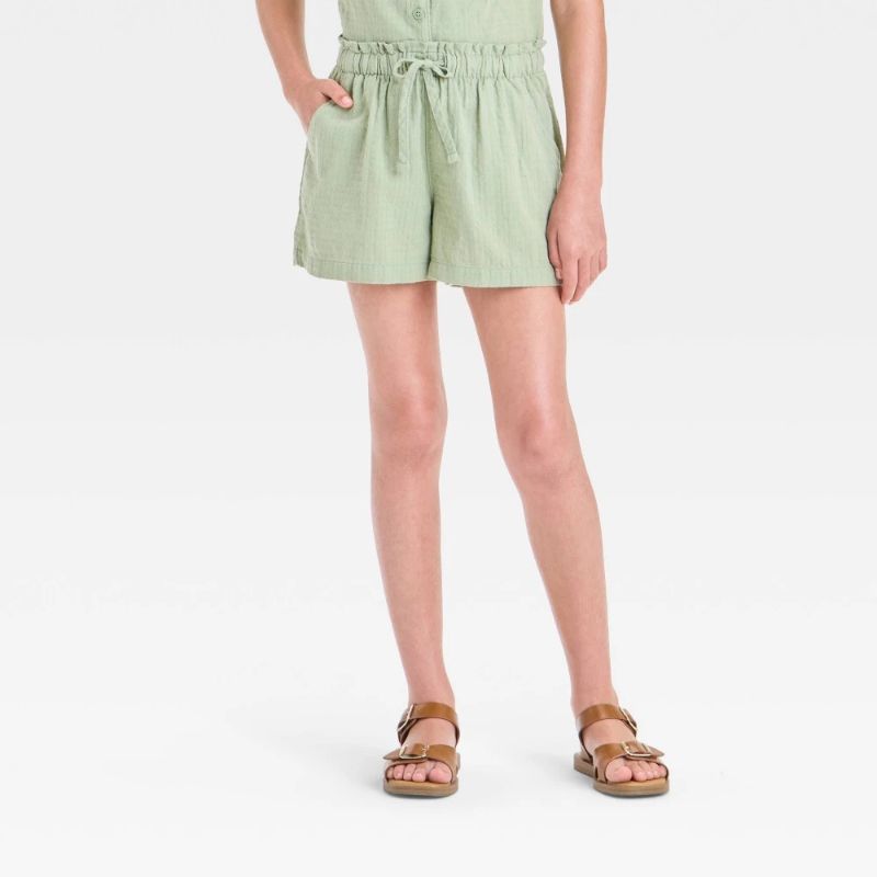 Photo 1 of L Girls' Woven Shorts - Cat & Jack™ Light Olive L: 100% Cotton, Lightweight, Mid Rise, Elastic Waist, Side Pocket, Machine Washable
