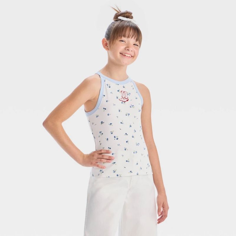 Photo 1 of L Girls' Cowboy Boots Floral High-Neck Graphic Tank Top - Art Class™ Blue/Off-White L