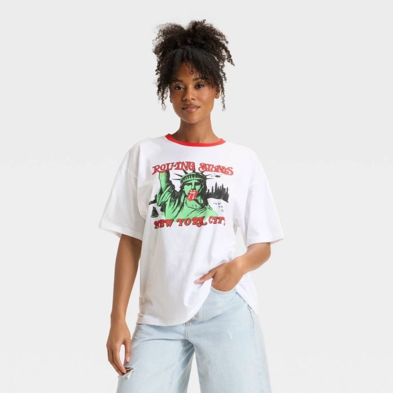 Photo 1 of (XS) Women's Statue of Liberty the Rolling Stones Oversized Graphic T-Shirt - White XS