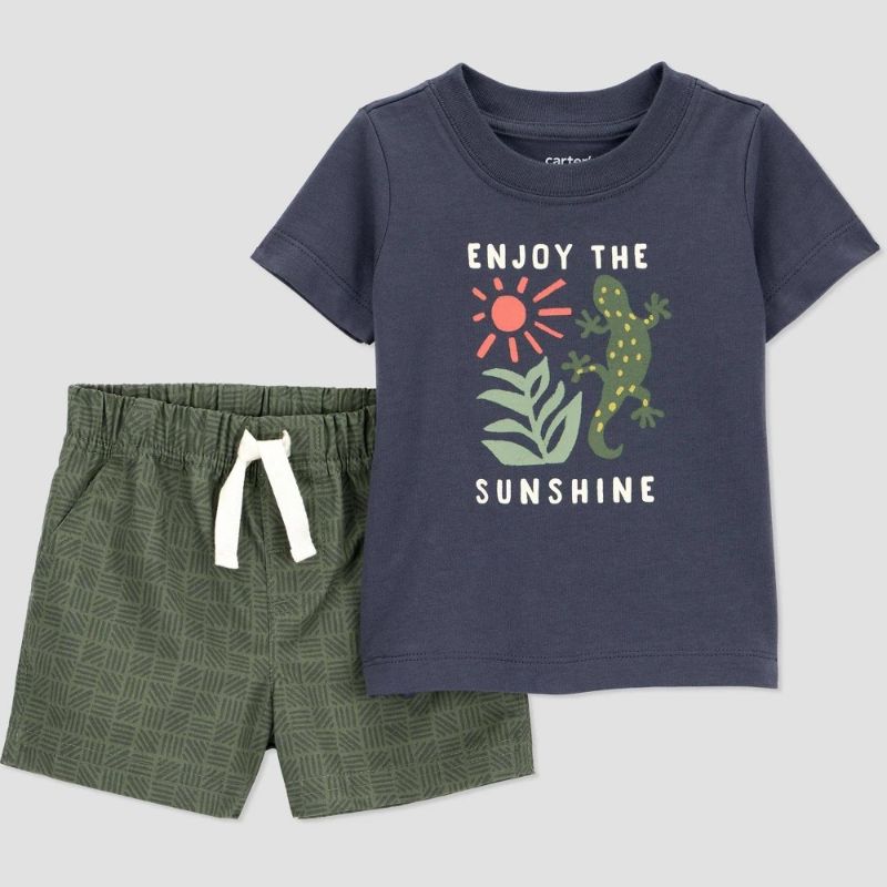 Photo 1 of 6M Carter's Just One You® Baby Boys' 2pc Sunshine Top & Bottom Set - Olive Gray 6M: Cotton T-Shirt & Pull-on Shorts