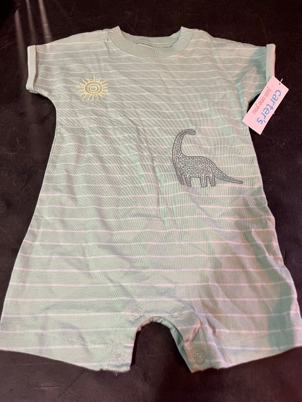 Photo 1 of 18M Carter's Just One You® Baby Boys' Striped Scenic Dino Romper - Green 18M: Cotton Jersey, Crew Neck, Short Sleeve, Crotch Snap
