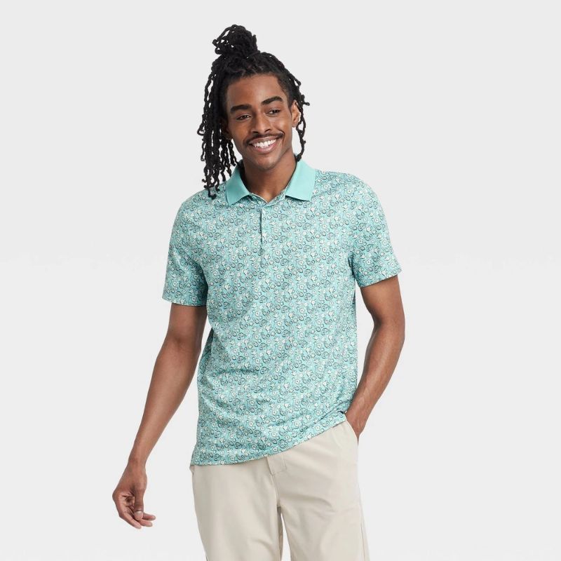 Photo 1 of M Men's Textured Polo Shirt - All in Motion™ Green Paisley M: Recycled Polyester, Spandex, Midweight, Loose Fit, Top