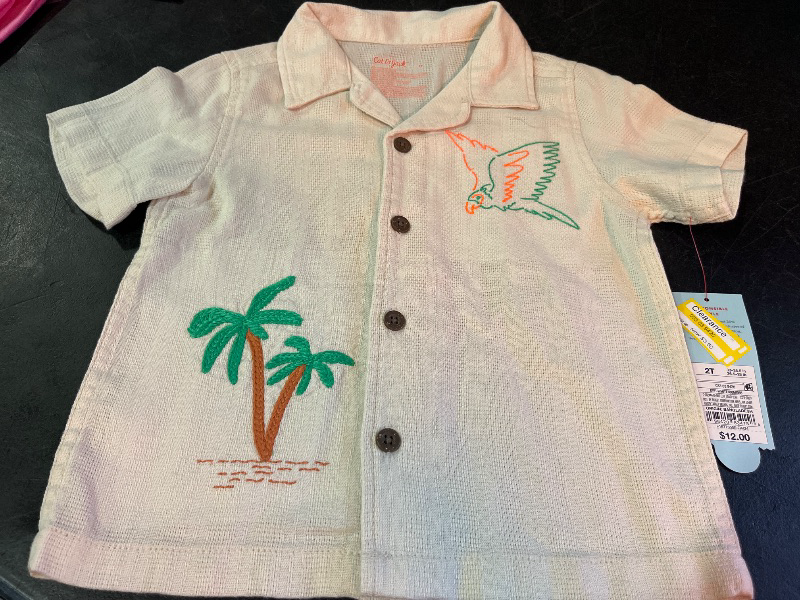 Photo 1 of 2T Toddler Boys' Embroidered Tropical T-Shirt - Cat & Jack™ Cream 2T: Bird Pattern, Button Down
