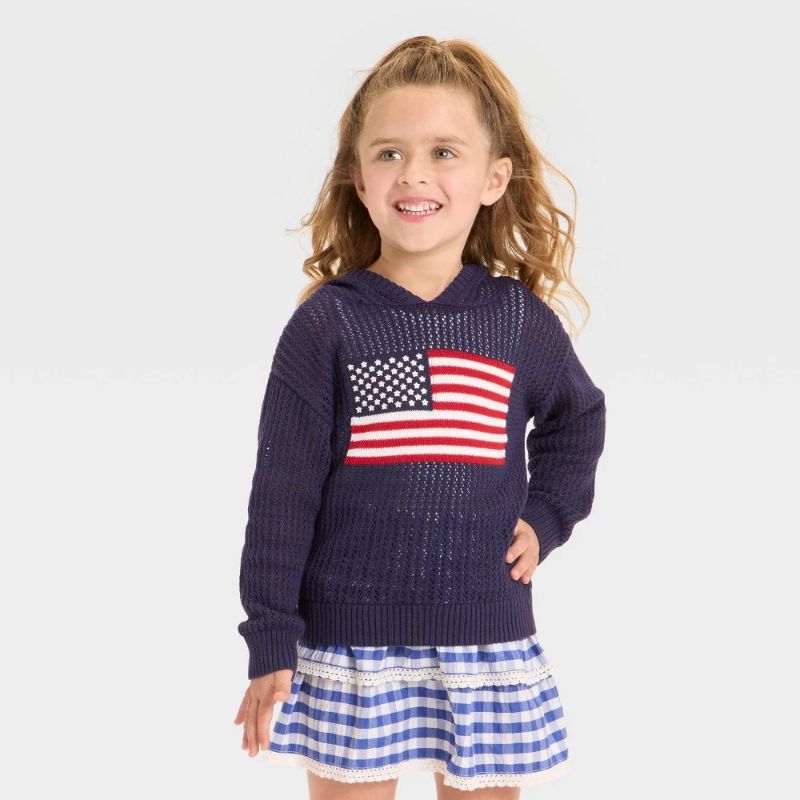 Photo 1 of 3T Toddler Girls' Americana Flag Sweater - Cat & Jack™ Navy Blue 3T
