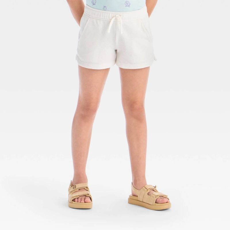 View 1 of M Girls' Knit Terry Shorts - Cat & Jack™ Cream M: Cotton Blend, Adjustable Waistband, Side Pocket, Elastic Waist, 3" Inseam