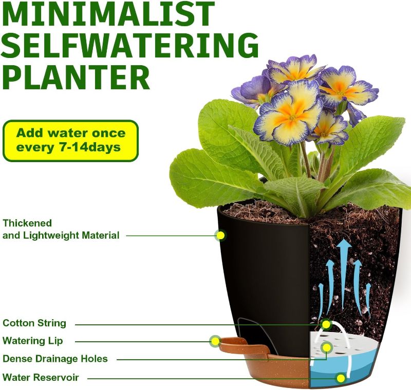 Photo 1 of Uneed Indoor Self Watering Planters with Drainage Holes and Saucers, 7/6.5/6/5.5/5 Inch-5 Pots,for Indoor Plants, Herbs, Succulents (Black)