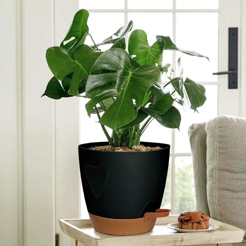 Photo 1 of Uneed Indoor Self Watering Planters with Drainage Holes and Saucers, 7/6.5/6/5.5/5 Inch-5 Pots,for Indoor Plants, Herbs, Succulents (Black)