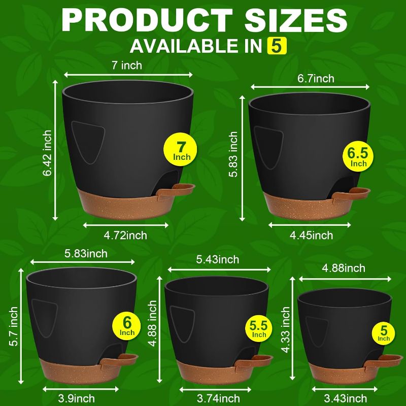 Photo 1 of Uneed Indoor Self Watering Planters with Drainage Holes and Saucers, 7/6.5/6/5.5/5 Inch-5 Pots,for Indoor Plants, Herbs, Succulents (Black)