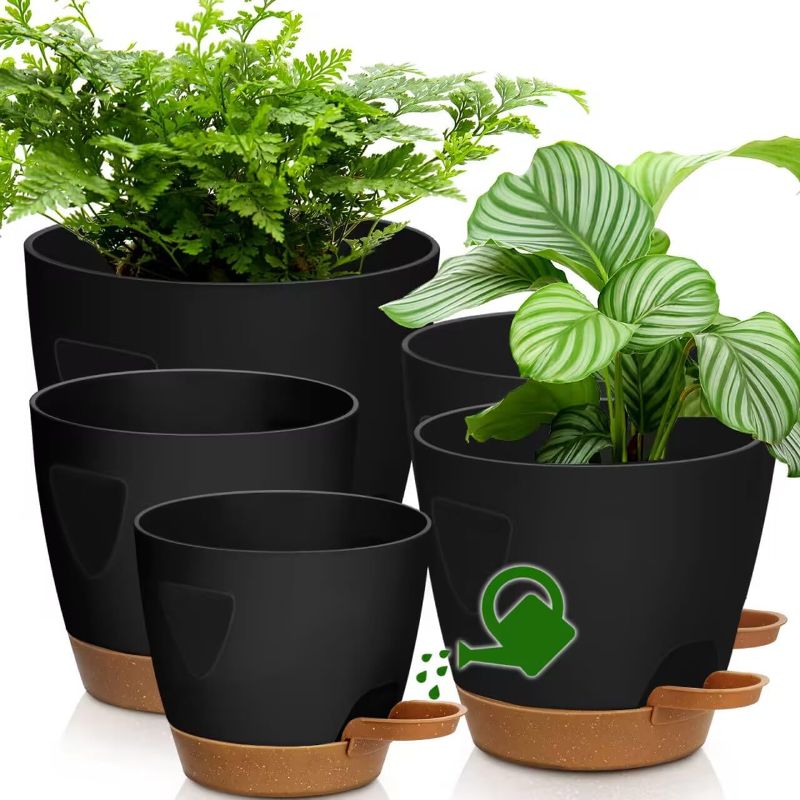 Photo 1 of Uneed Indoor Self Watering Planters with Drainage Holes and Saucers, 7/6.5/6/5.5/5 Inch-5 Pots,for Indoor Plants, Herbs, Succulents (Black)