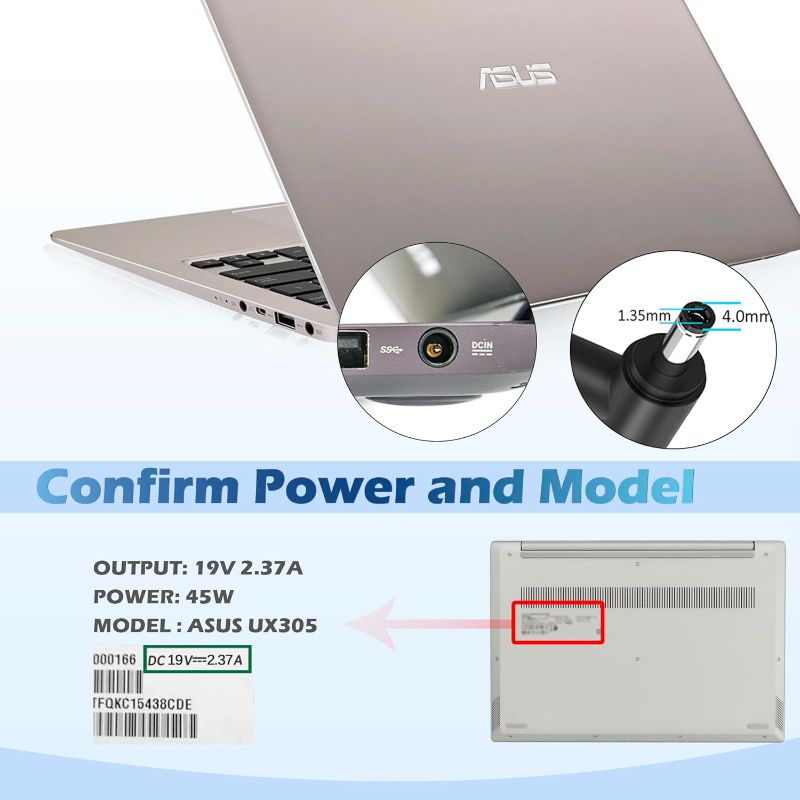 Photo 1 of 45W 19V 2.37A Ac Adapter Laptop Charger Power Supply Replacement for ASUS UX305 UX305L UX305F UX305C UX303U UX330 UX330U X331UA UX360C UX31A E203M E203MA X553S X553M X553MA
