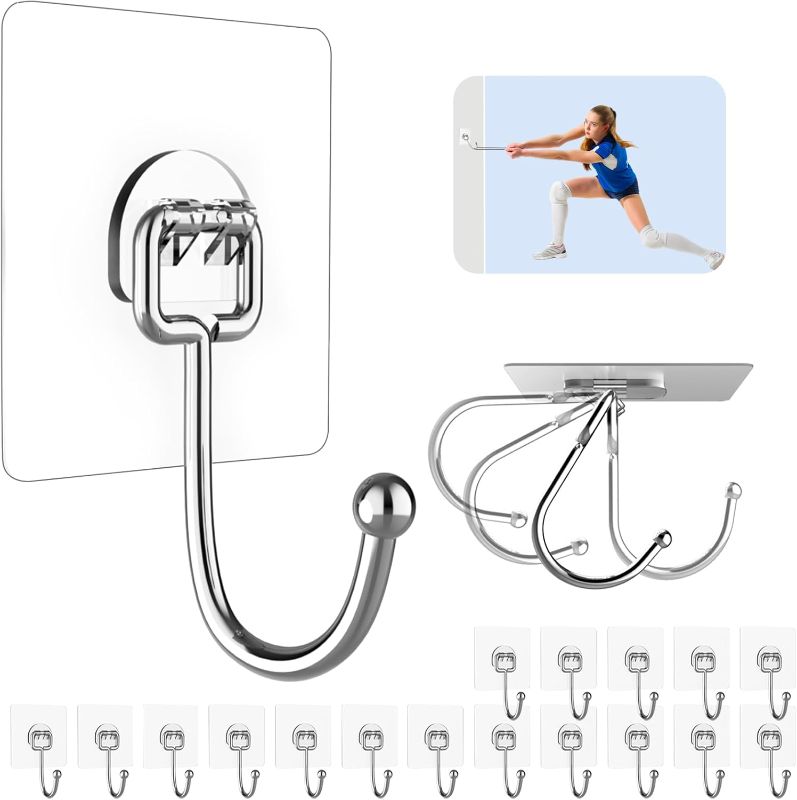 Photo 1 of 20 Pack Large Adhesive Hooks for Hanging Heavy Duty 44 lb(Max), Self Adhesive Sticky Hooks Waterproof Stainless Steel Wall Hook for Home Bathroom Shower Kitchen Outdoor Utility Hooks