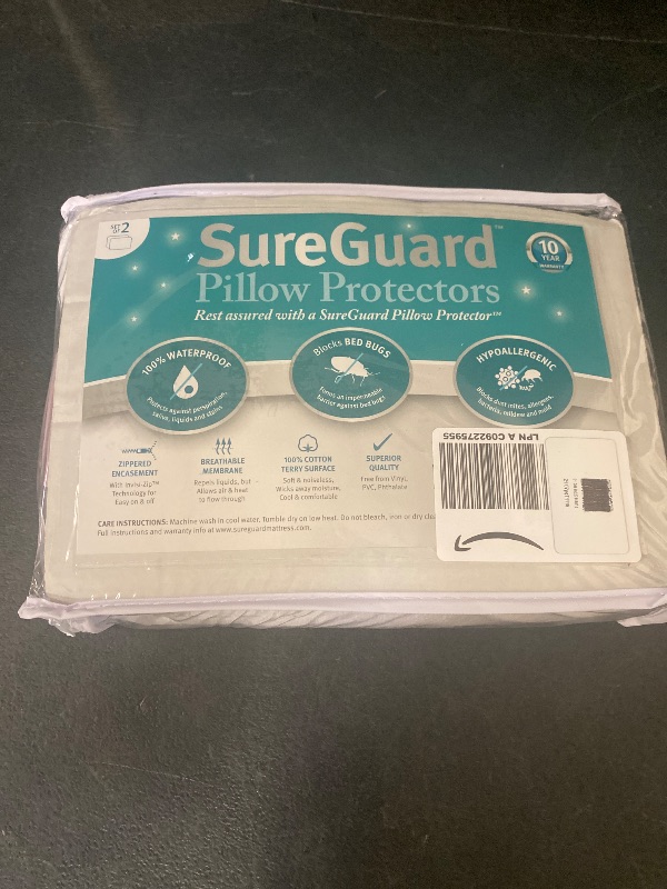 Photo 1 of Set of 2 Standard Size SureGuard Pillow Protectors - 100% Waterproof, Bed Bug Proof, Hypoallergenic - Premium Zippered Cotton Terry Covers