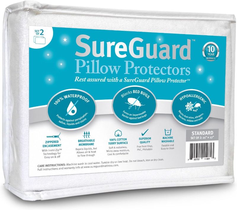 Photo 1 of Set of 2 Standard Size SureGuard Pillow Protectors - 100% Waterproof, Bed Bug Proof, Hypoallergenic - Premium Zippered Cotton Terry Covers